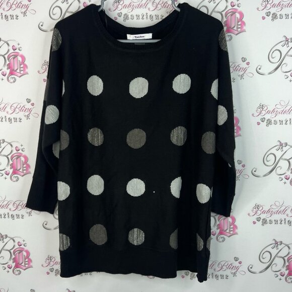 Tanjay sweater sparkly dotted pull over Black Blouse with Gray Polka Dots - Picture 1 of 8